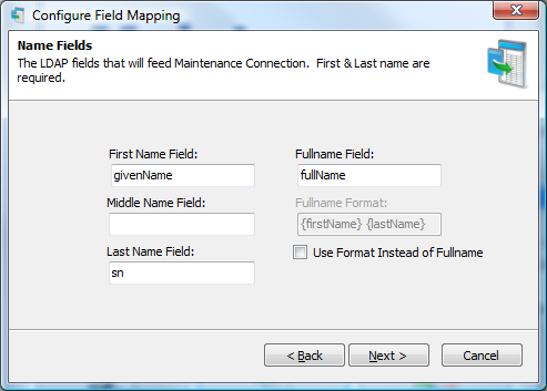 Novell LDAP Field Mapping Name Fields Screen